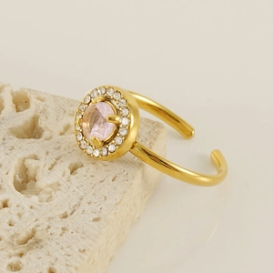 Adjustable 18K gold plated double layer ring with pink zircon on natural stone