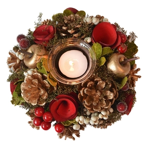 Christmas candle holder with red berries, pine cones and glass cup for holiday decor