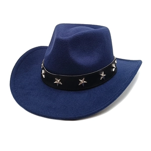 Dark blue wool western cowboy hat with black leather band and silver star rivets