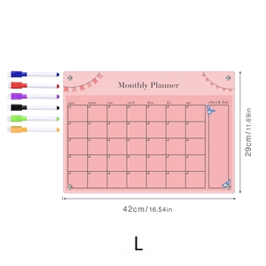 Pink acrylic magnetic monthly planner board 16.5x11.7 inches with 6 colorful pens