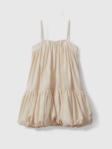 Chic cream-white sleeveless backless summer dress with textured pleats and bubble hem design