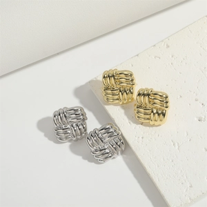 Luxe textured square woven earrings set in gold and silver finish for a trendy retro look