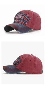 Detail von BLACK-Stickpatch und Kontrastnähten auf der Vintage Washed Baseballkappe