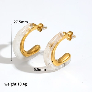 Gold-plated stainless steel C-shape earrings with white marble resin accents