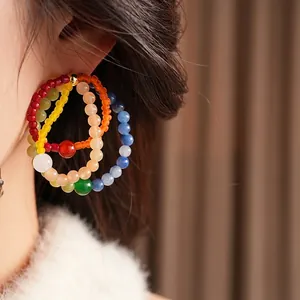 Vintage style multi-strand colorful beaded hoop earrings for women with floral glass accents