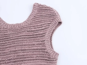 Detail of mauve knitted top showing U-neckline and fine ribbed texture close-up