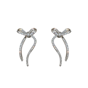Elegant bow knot stud earrings with silver plating and sparkling diamond zircon stones