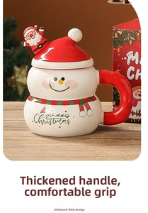 Detailed view of snowman ceramic Christmas mug with 3D Santa lid and festive gift box
