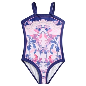 Girls one-piece swimsuit with navy blue border and tropical pink floral palm print