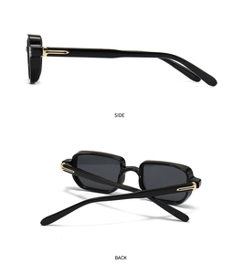 Detailed side and back view of retro square sunglasses with golden metal accents