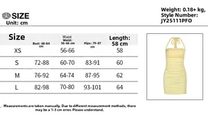 Größentabelle für gelbes Neckholder-Bodycon-Kleid mit Brust- und Taillenmaßen im Detail