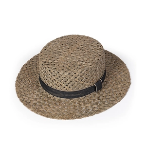 Flat top straw boater hat with black ribbon decoration for women's summer vacations