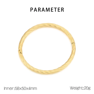 Detailed view of gold twisted cuff bracelet with 58x50mm inner diameter and hinge