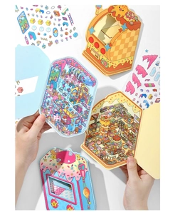 Macro view of cartoon miniature scene stickers with 3D layered room and dessert house designs