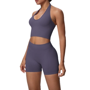 Breathable halter yoga set with high waist shorts in dusty purple ribbed fabric