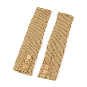 Close-up of khaki knit leg warmers with ribbed texture and vintage wooden buttons detail
