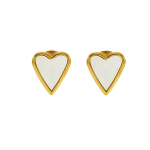 Minimalist gold heart stud earrings with white pearl inlay in a sleek polished design