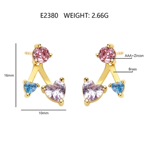 18k gold plated brass geometric earrings with pink and blue AAA zircons, 16mm height
