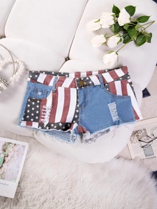 Sexy Low Waist Denim Shorts mit US-Flaggenprint und Distressed Ripped Details