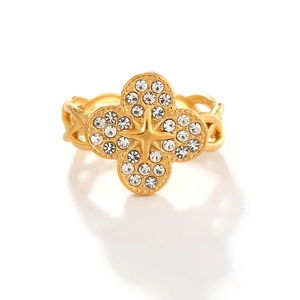 Adjustable gold clover ring with micro-pave zircons and twisted rope band style