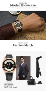 Detail of Yazole men's quartz watch with rose gold case and black leather strap