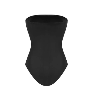 Detail of black strapless one-piece swimsuit featuring a slimming hourglass silhouette