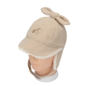 Detail of beige corduroy kids winter earflap hat with large bow and cherry embroidery