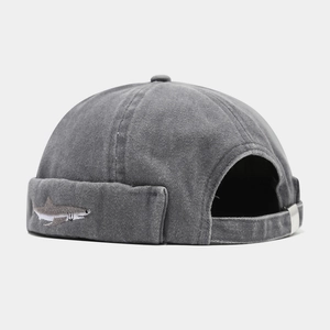 Faded grey shark embroidery docker hat with adjustable metal buckle strap for men and women