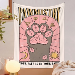 Detail of Pawmistry cat tarot tapestry with Your fate is in your paws inscription