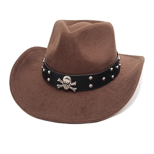Chapeau De Cowboy Occidental Feutre De Laine Fedora Large Bord Punk Crâne Rivet Ceinture En Cuir Voyage Protection Solaire
