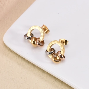 Three-tone interlocking circle earrings in gold, silver and rose gold with Roman numerals