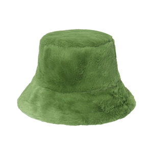 Close-up of grass green faux fur bucket hat showing soft plush texture and thick material