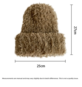 Flat lay of brown plush knit beanie showing dimensions of 27cm height and 25cm width