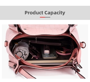 Overhead view showing large capacity of the pink crocodile pattern tote with daily items