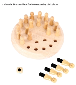 Macro shot of wooden memory chess game with colorful pegs, dice and solid wood round base
