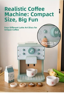 Detail of wooden play kitchen coffee machine set with cups and latte art accessories
