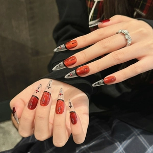 Handmade Gothic Red Cat Eye Press On Nails Long Stiletto Cross Pattern Rhinestone Y2K Cool Style Reusable False Nails