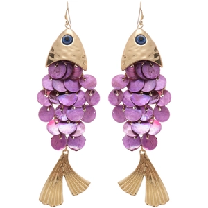 Exaggerated fish-shaped drop earrings with purple sequins and golden hammered metal texture