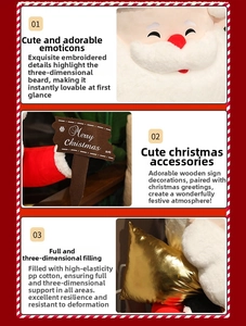 Macro shot of Santa plush features with Merry Christmas wooden tag and PP cotton filling