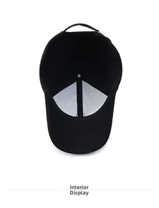 Detailed interior view of a black winter baseball cap featuring stitching and metal buckle