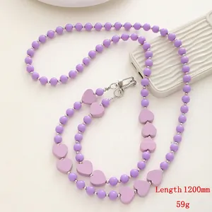 Purple beaded acrylic heart phone crossbody chain strap 1200mm with silver clasp