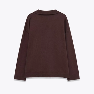 Back view of a casual coffee brown knitted long sleeve top and straight pants set