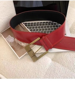 Detail of red leather wide belt featuring a vintage bronze square buckle on a soft surface