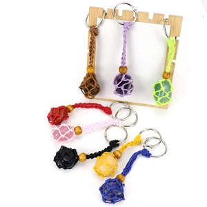 Handmade woven mesh keychain with assorted natural crystal stones and colorful ropes