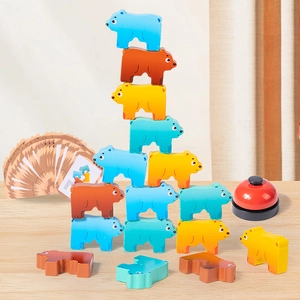 Educational wooden bear stacking blocks set with challenge cards and game bell for kids