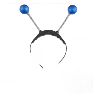 Detail of alien eyeball headband with blue glitter balls and dimensions in inches