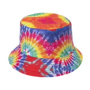 Detailed macro view of vibrant rainbow tie-dye texture on durable cotton canvas bucket hat