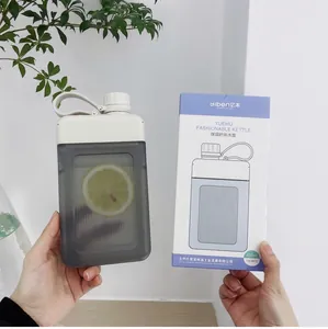Minimalist 450ml square flat water bottle with portable handle and gift box
