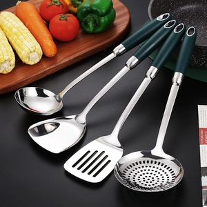 304 Stainless Steel Kitchen Utensil Cooking Spatula Soup Ladle Slotted Turner With Dark Green Heat Resistant Handle