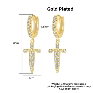 Detailed view of gold plated dagger earrings with white zircons and 3cm size measurements